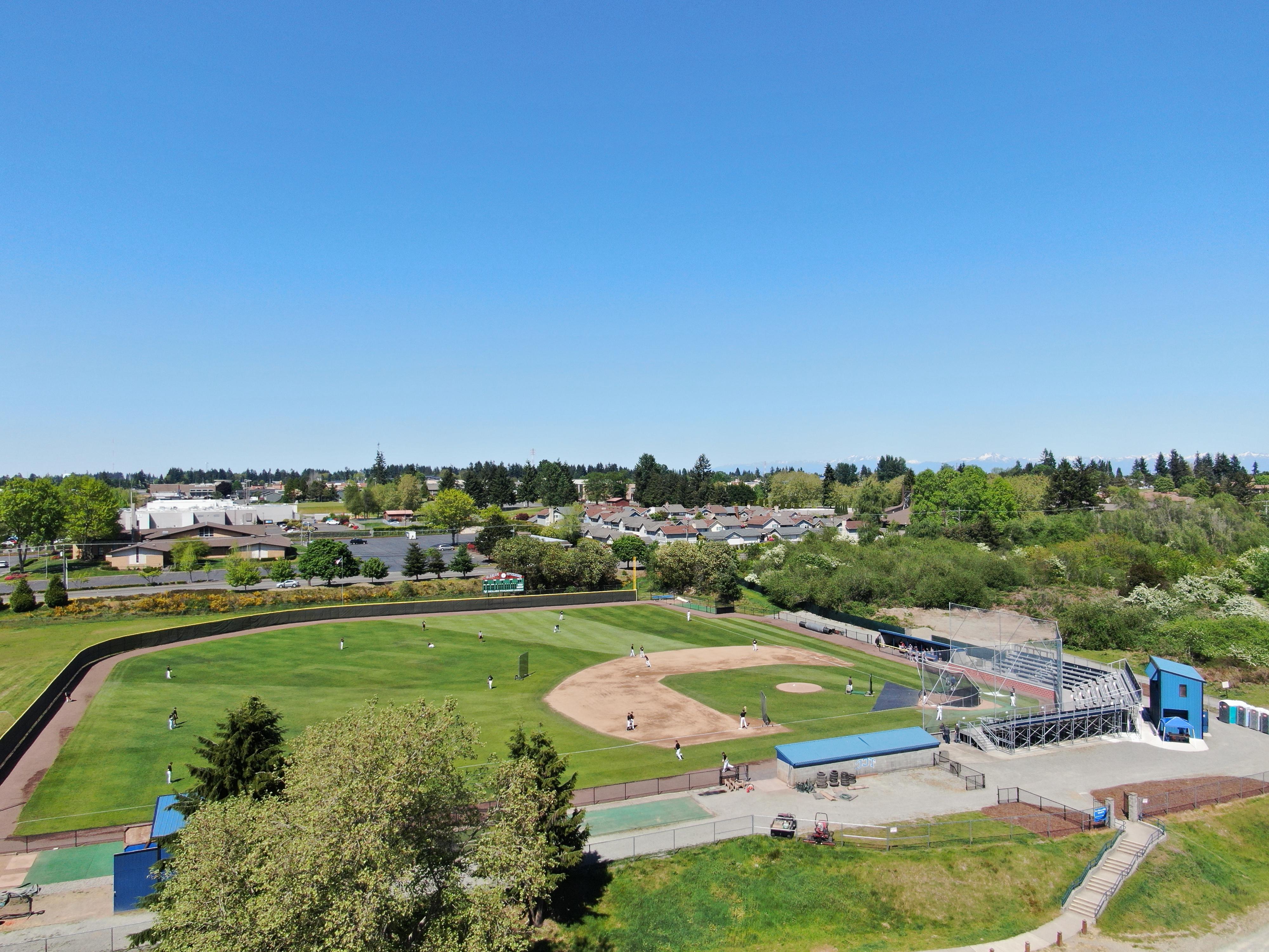 a wide shot of baseball field from above